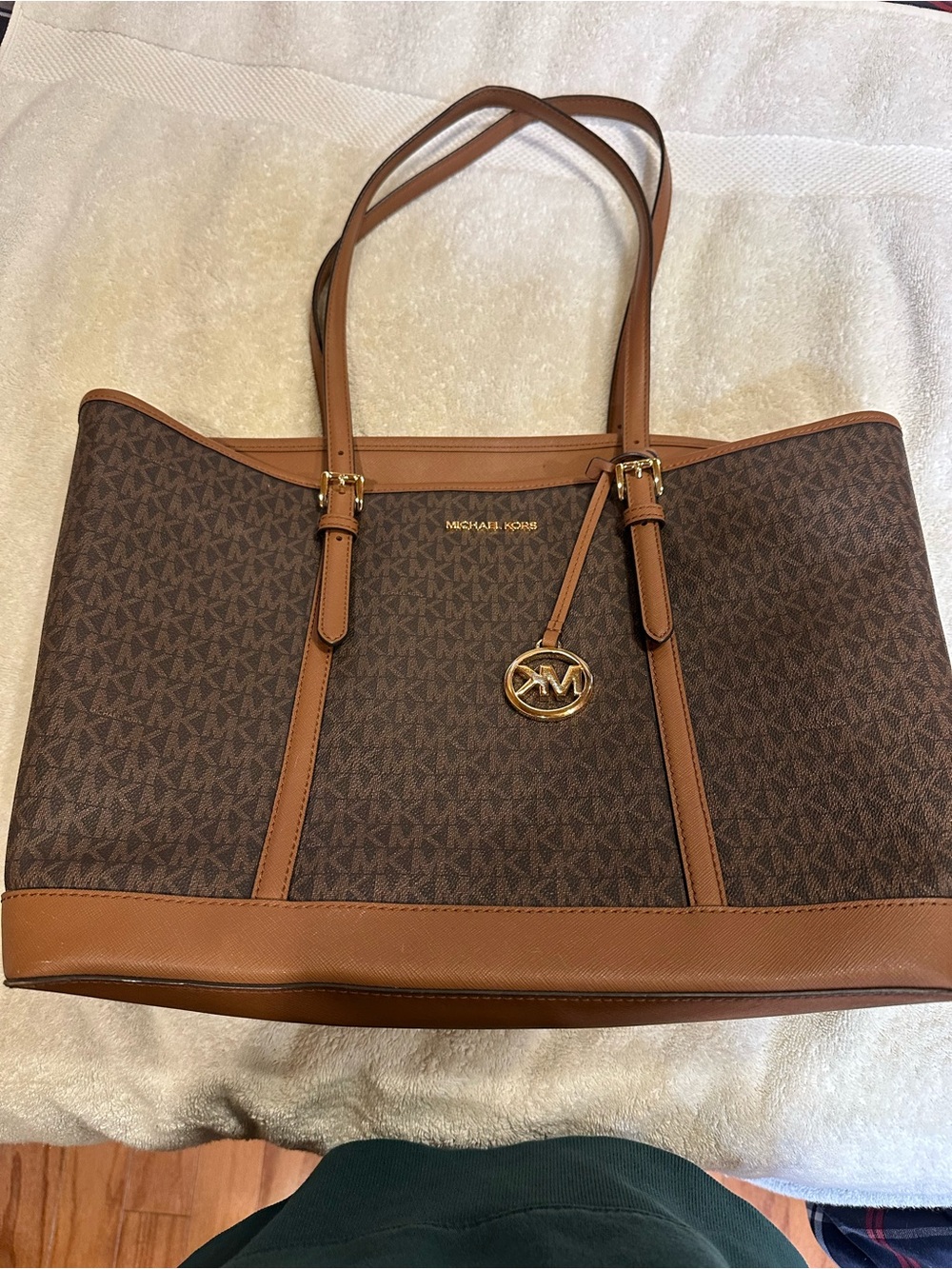 Michael Kors Brown & Tan MK Logo Tote with Gold Accent